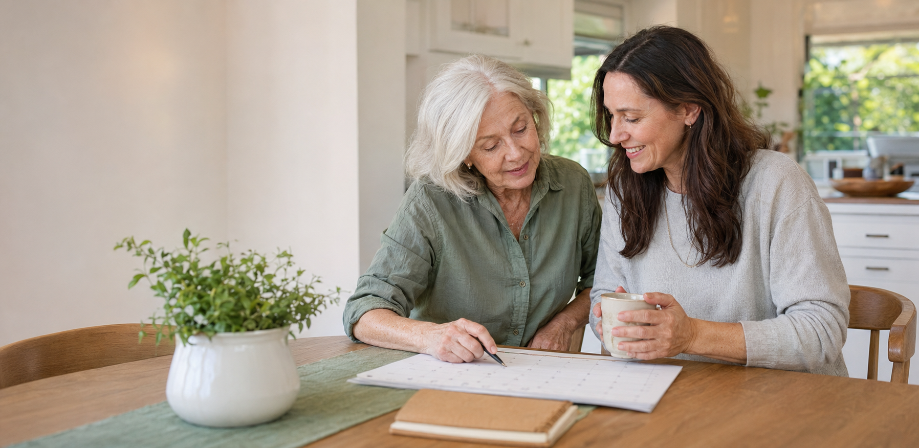 An older mother and her adult daughter talking together at home